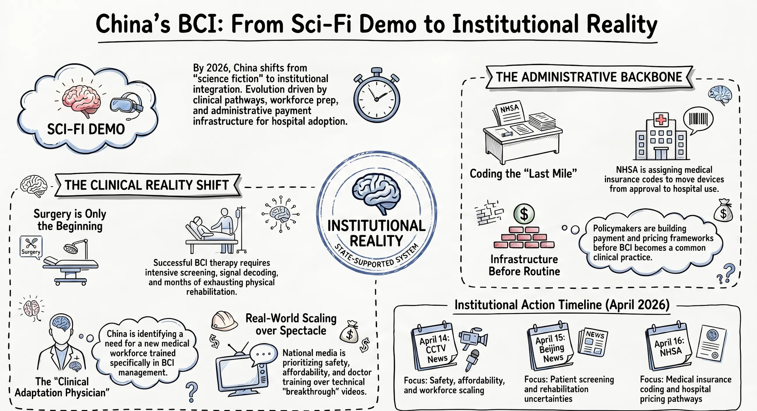 A visual summary of China’s 2026 BCI shift from sci-fi demos to clinical and institutional adoption.