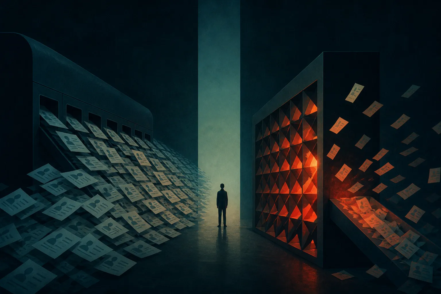 A lone job seeker caught between an automated flood of applications and an AI screening wall.