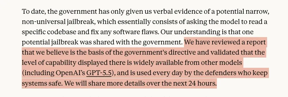 Anthropic comparing the alleged Fable 5 jailbreak capability with what GPT-5.5 can already do.