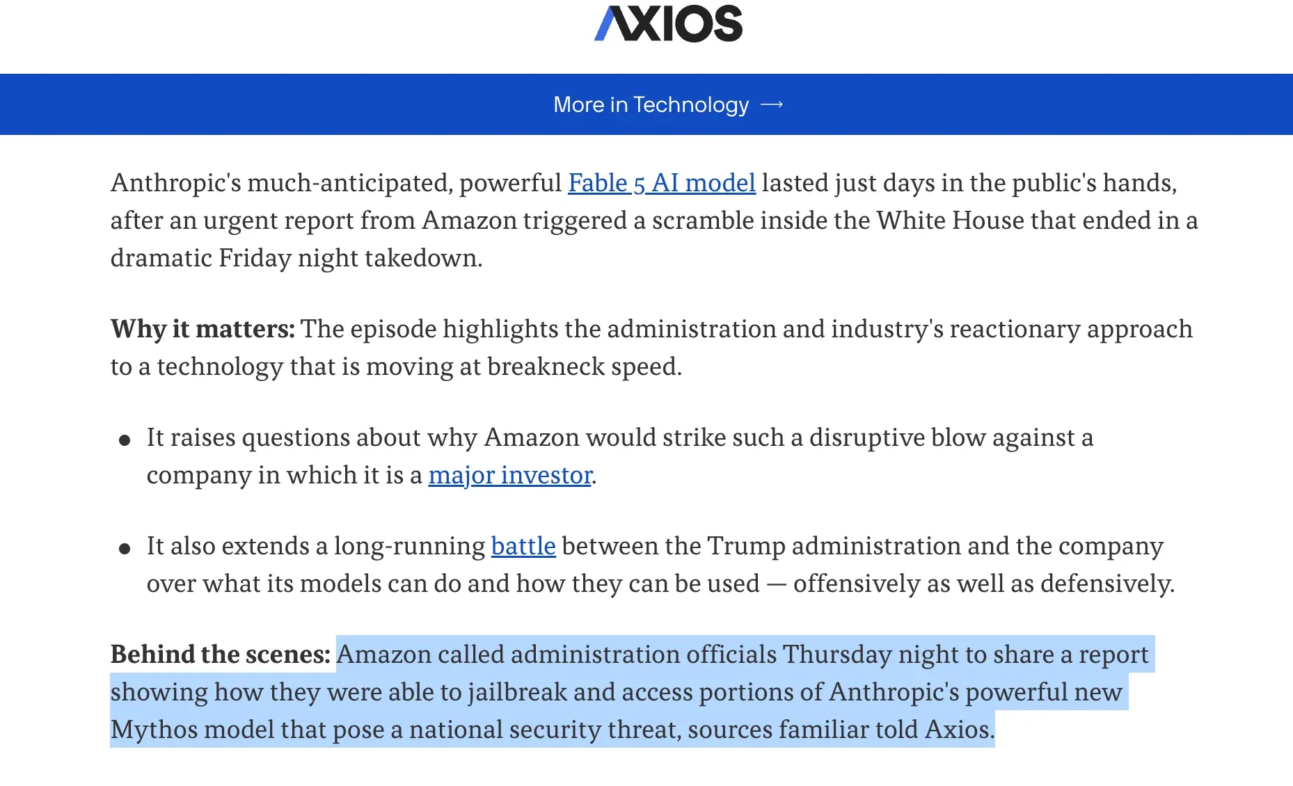 Axios reporting that Amazon contacted the White House about the Fable 5 jailbreak.
