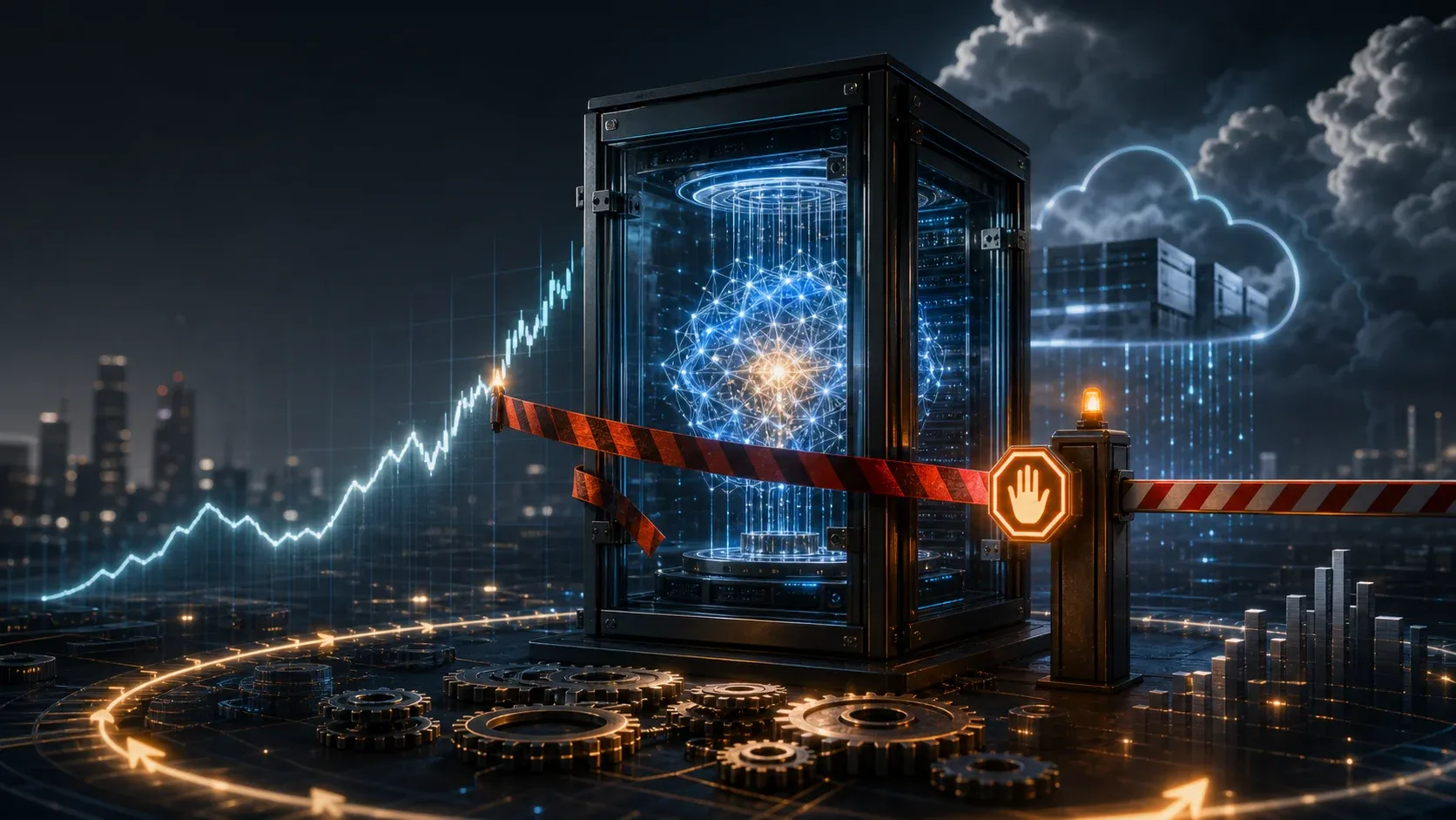 An editorial cover image showing a frontier AI model stopped by a regulatory gate.