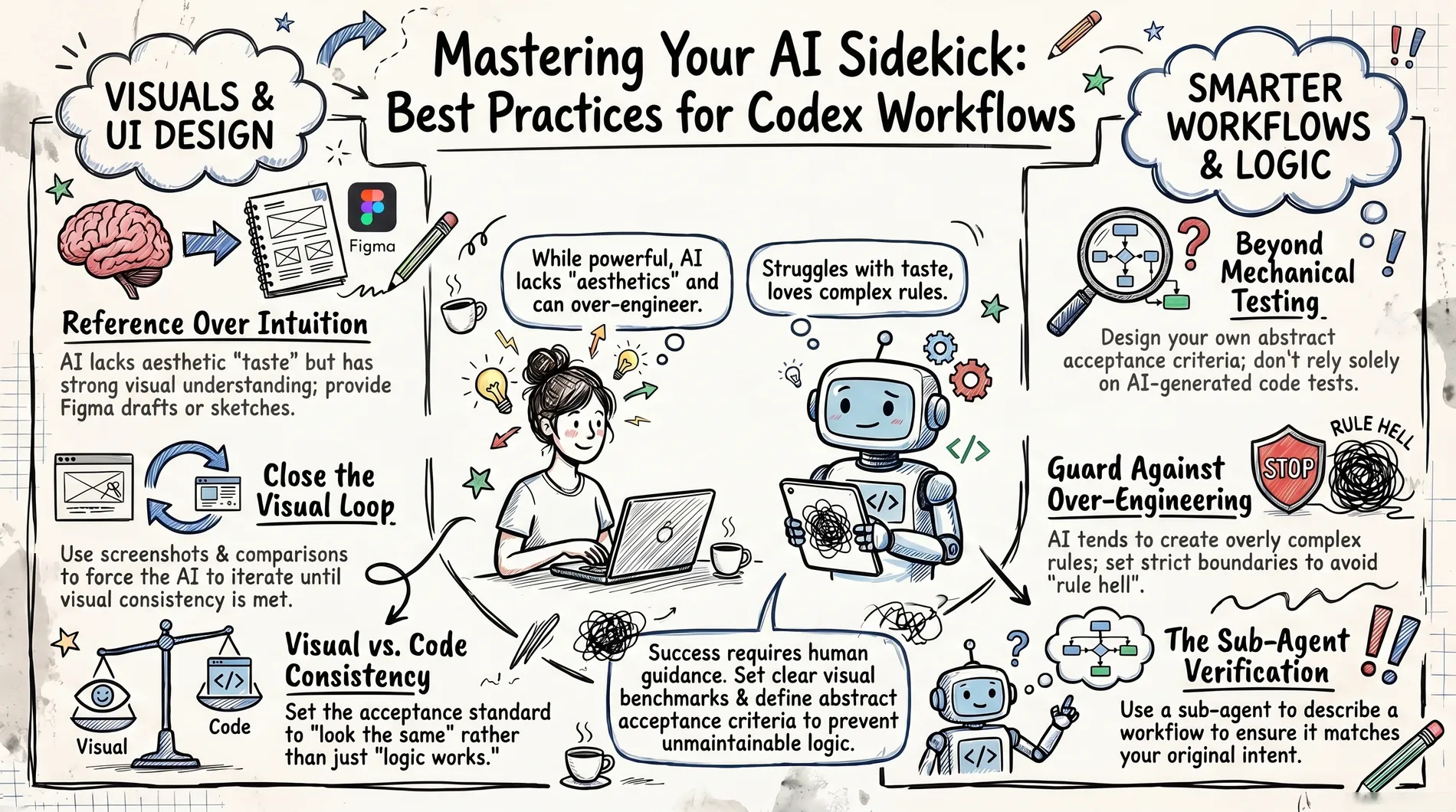 A hand-drawn visual summary of Codex workflows for front-end design, acceptance criteria, and avoiding over-engineering.