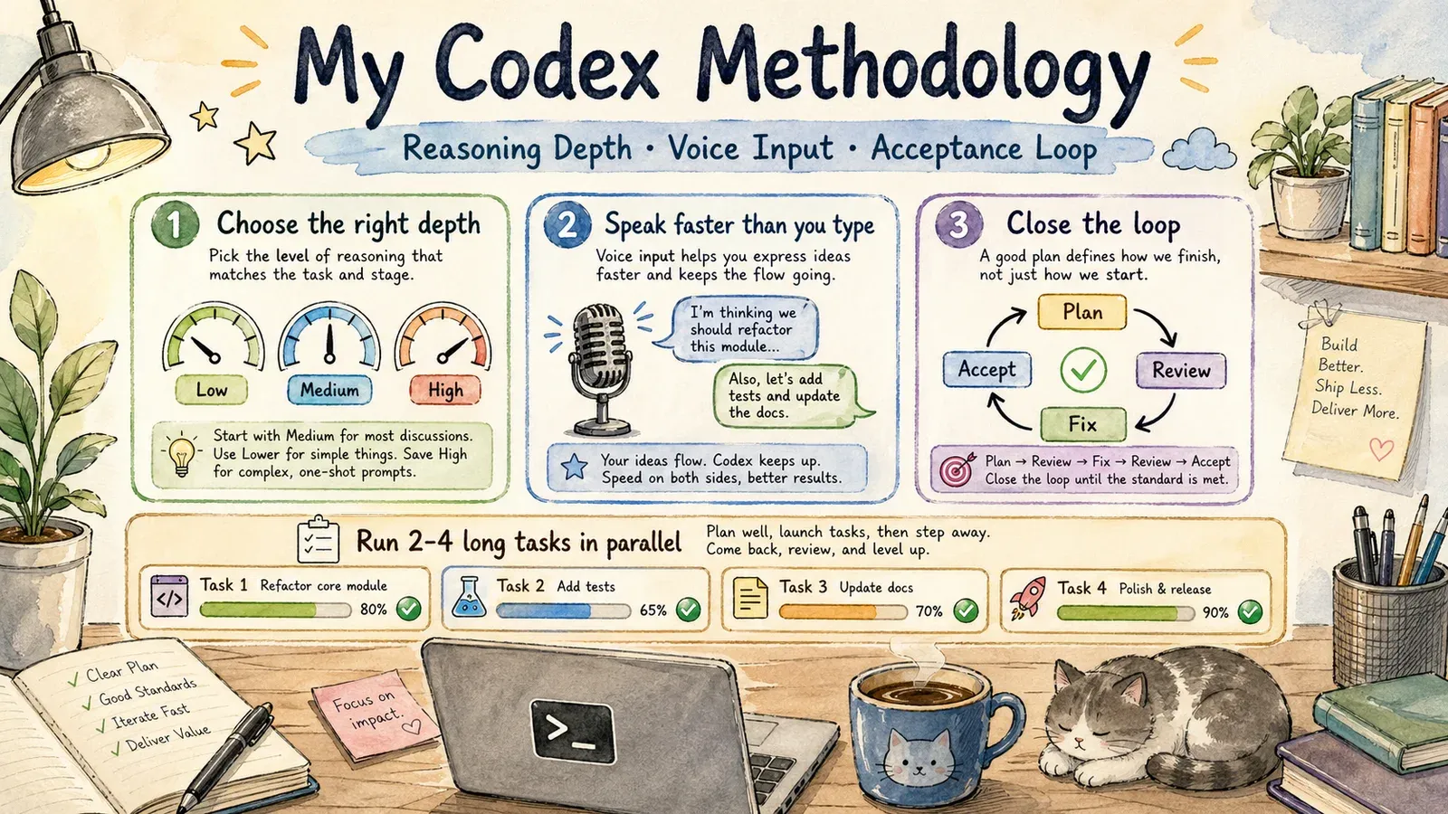 A hand-drawn infographic showing a Codex workflow built around reasoning depth, voice input, parallel tasks, and review loops.