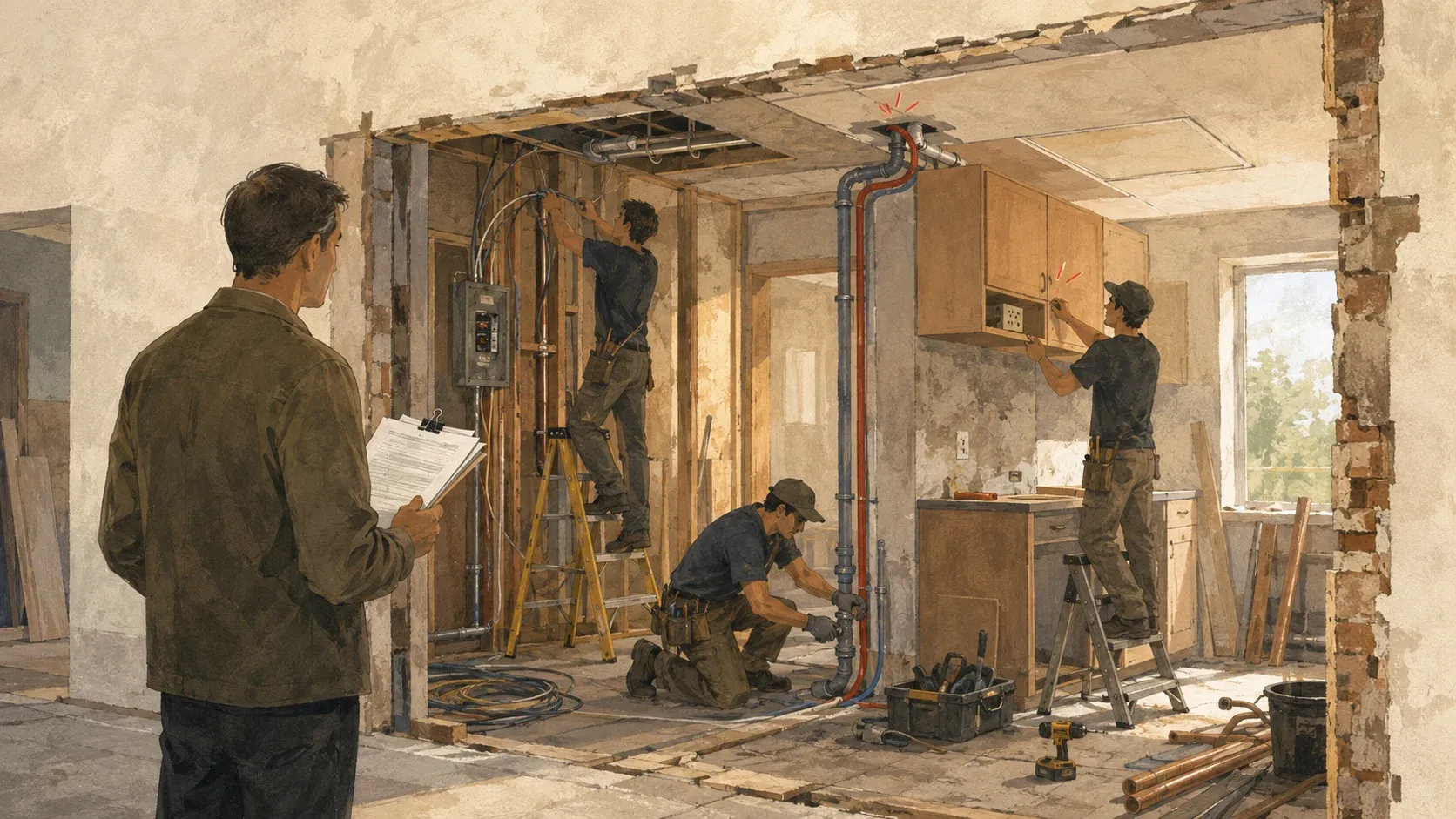 A general contractor reviews progress sheets while separate renovation crews create conflicting electrical, plumbing, and cabinetry work