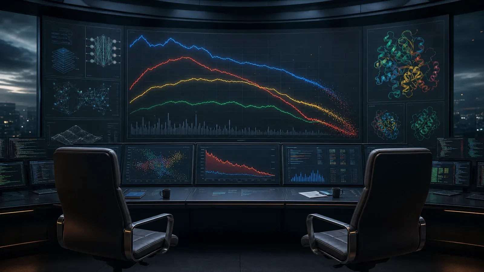 An editorial AI command room with empty seats and model dashboards losing momentum.
