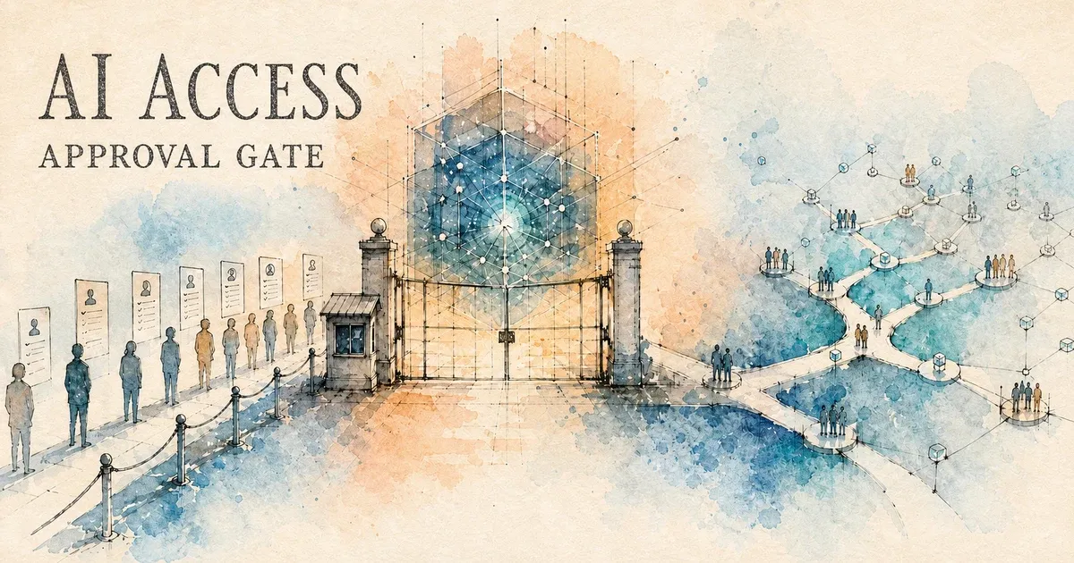 Watercolor editorial cover reading AI Access Approval Gate, showing a controlled frontier AI access gate and an open-source network beside it.