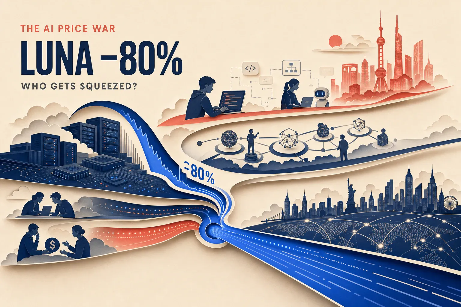 A paper-cut editorial map of the global AI price war after GPT-5.6 Luna's 80% price cut.