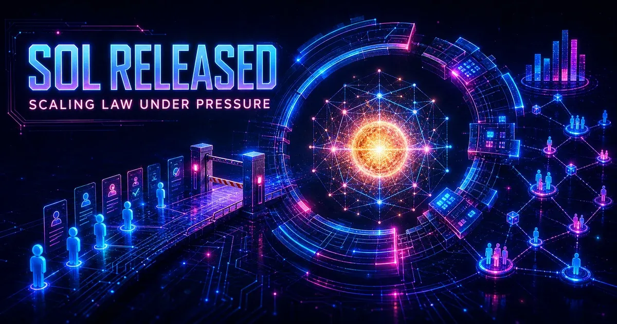 Neon editorial cover reading Sol Released and Scaling Law Under Pressure, showing a glowing AI core, approval checkpoint, and constrained scaling flywheel.