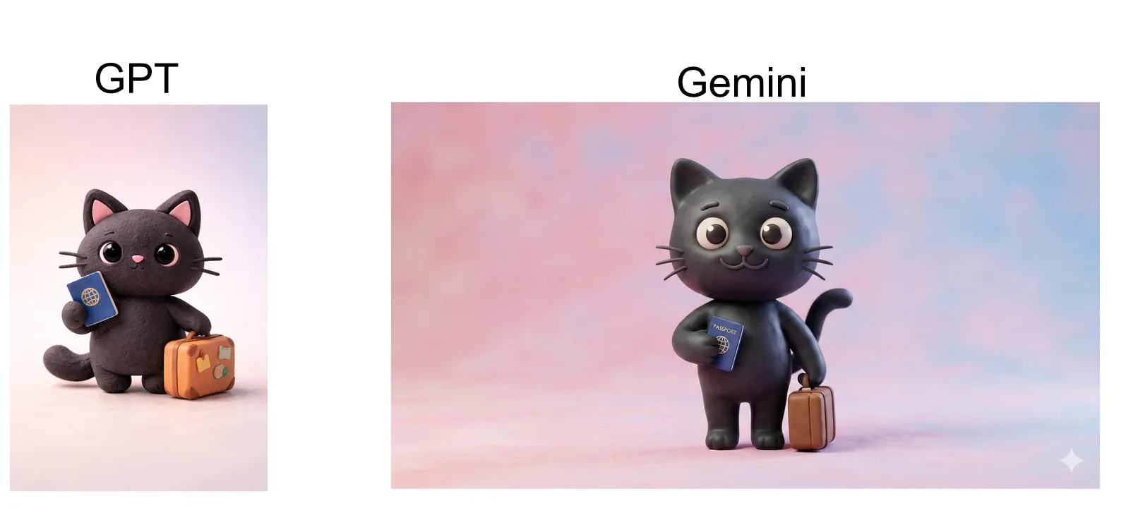 GPT Image 1.5 vs Nano Banana Pro: clay black cat mascot holding passport and suitcase
