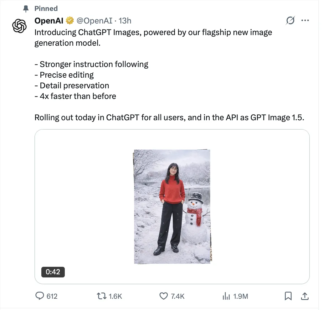 OpenAI announcement for GPT Image 1.5 in ChatGPT Images