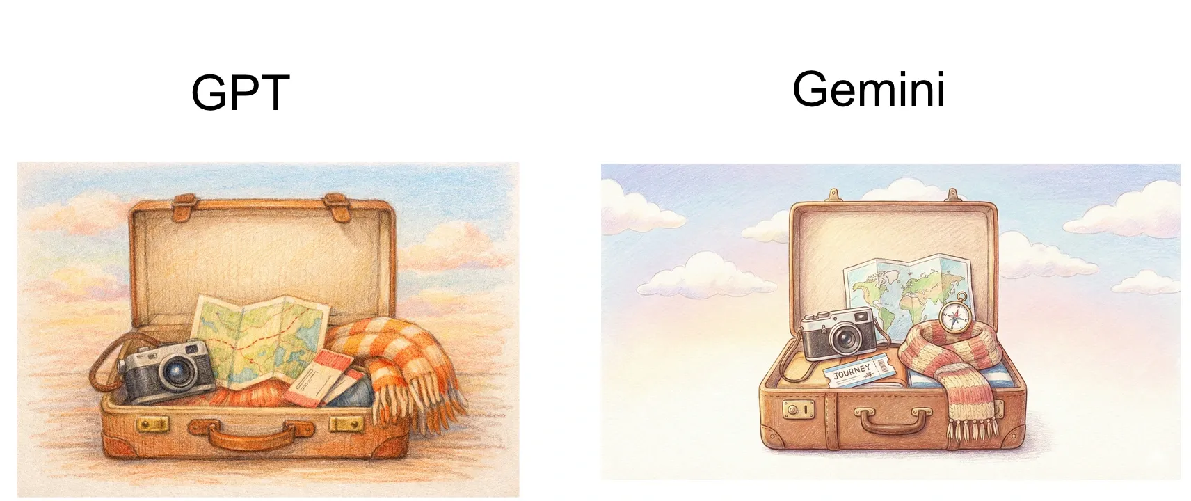 GPT Image 1.5 vs Nano Banana Pro: cozy suitcase still life illustration