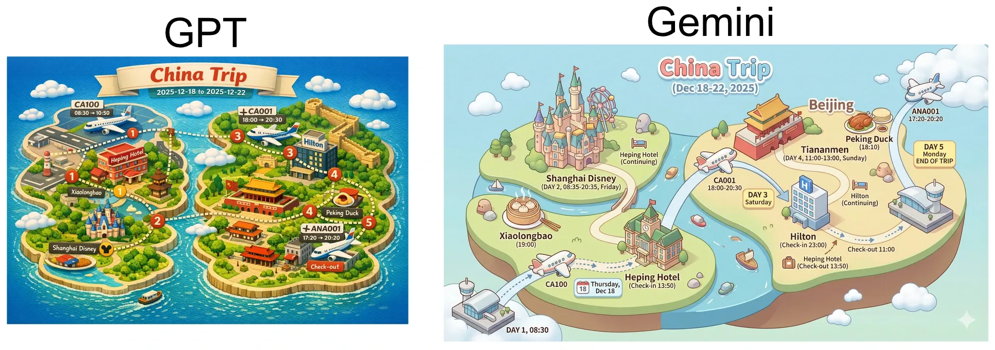 GPT Image 1.5 vs Nano Banana Pro: TravelBrain itinerary JSON rendered as a 3D isometric map
