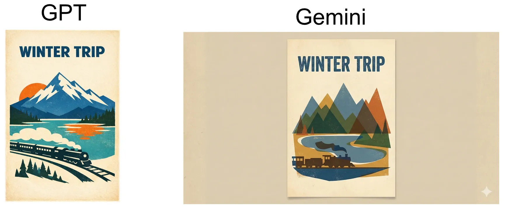 GPT Image 1.5 vs Nano Banana Pro: vintage travel poster with the title WINTER TRIP