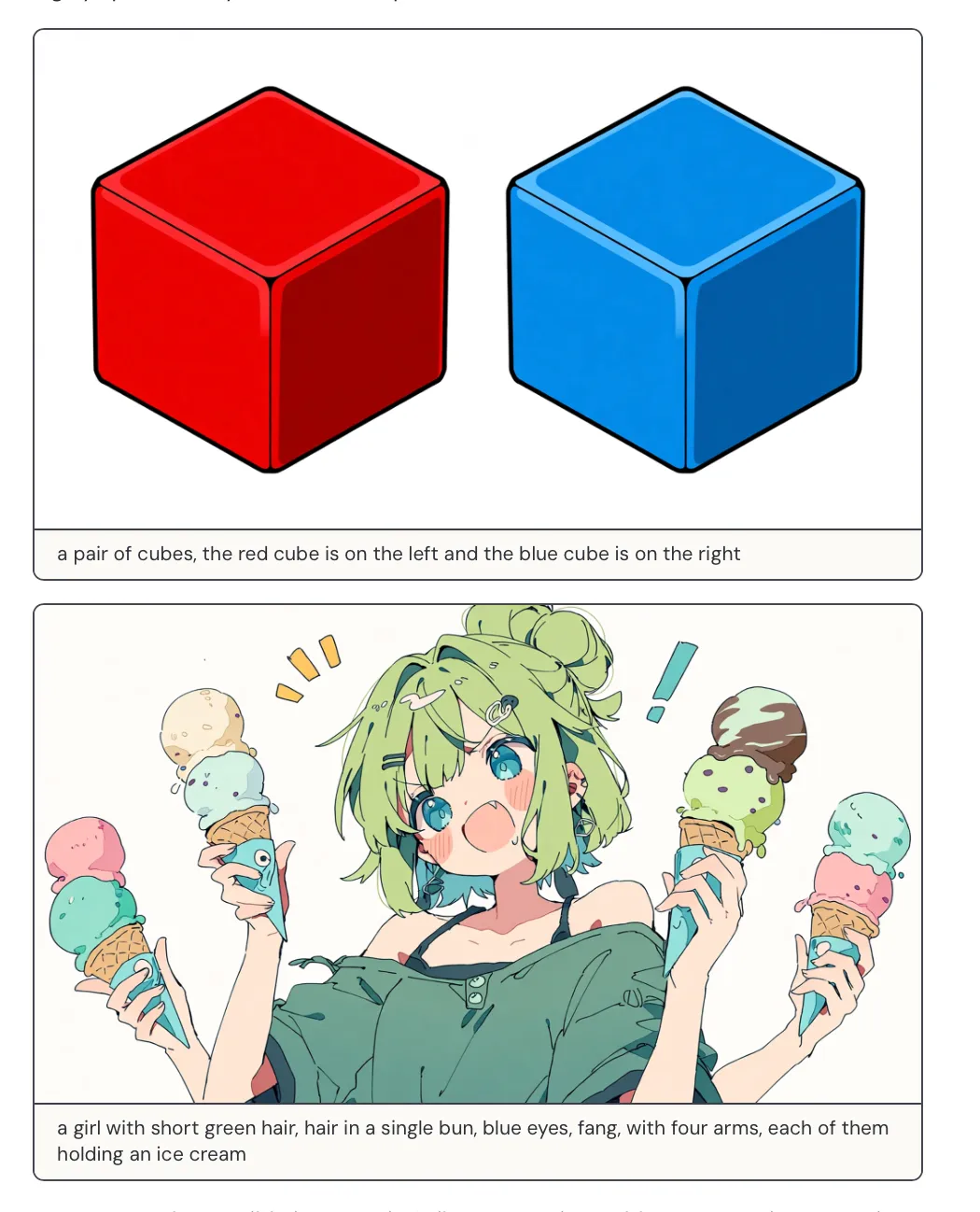 Instruction following examples: two cubes and a four-hands character