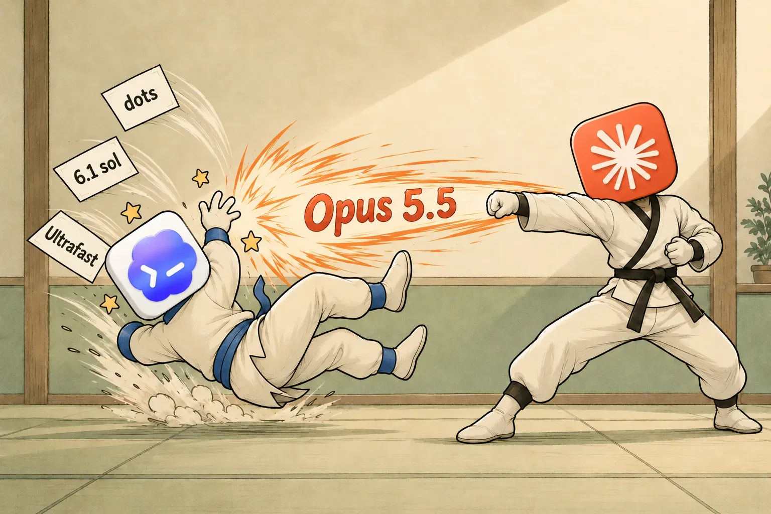 Two martial artists in a dojo: one with an OpenAI-style app icon for a head is knocked off his feet, scattering cards labeled dots, 6.1 sol, and Ultrafast, by a single punch labeled Opus 5.5