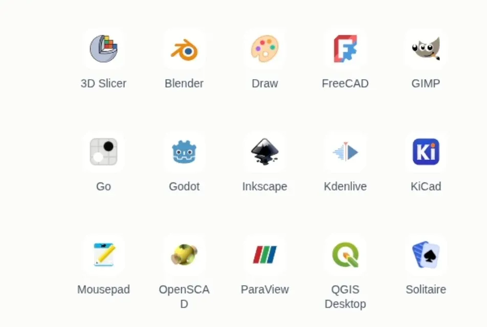 App grid on a dot's cloud computer showing 3D Slicer, Blender, FreeCAD, GIMP, Godot, Inkscape, Kdenlive, KiCad, OpenSCAD, QGIS and other preinstalled desktop software
