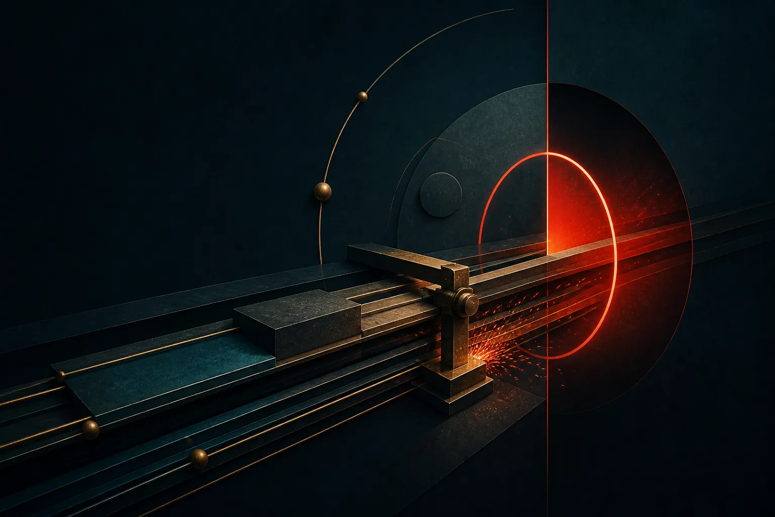An editorial illustration of a mechanical brake stopping a frontier training rail just before a glowing risk threshold.