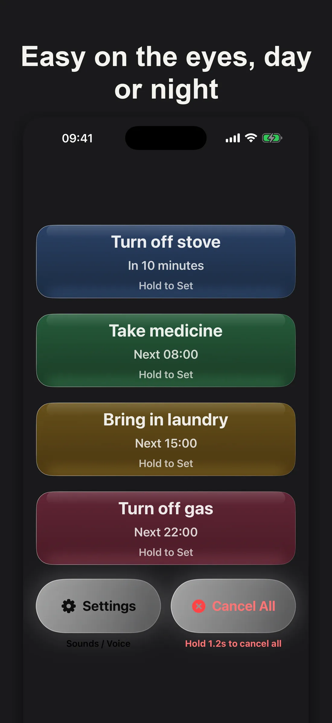 Simple Warm Reminder dark mode with large high-contrast reminder buttons
