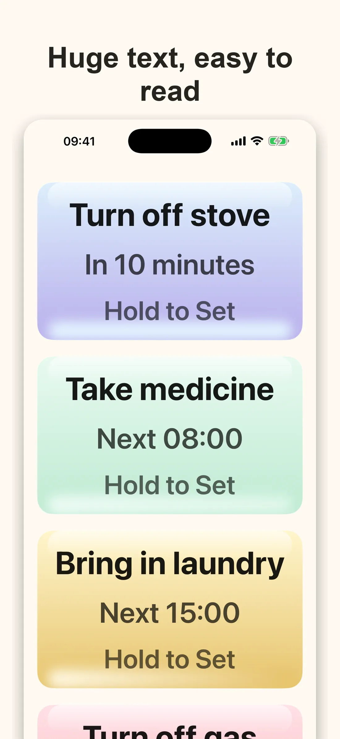 Simple Warm Reminder using extra-large accessibility text for parents and seniors