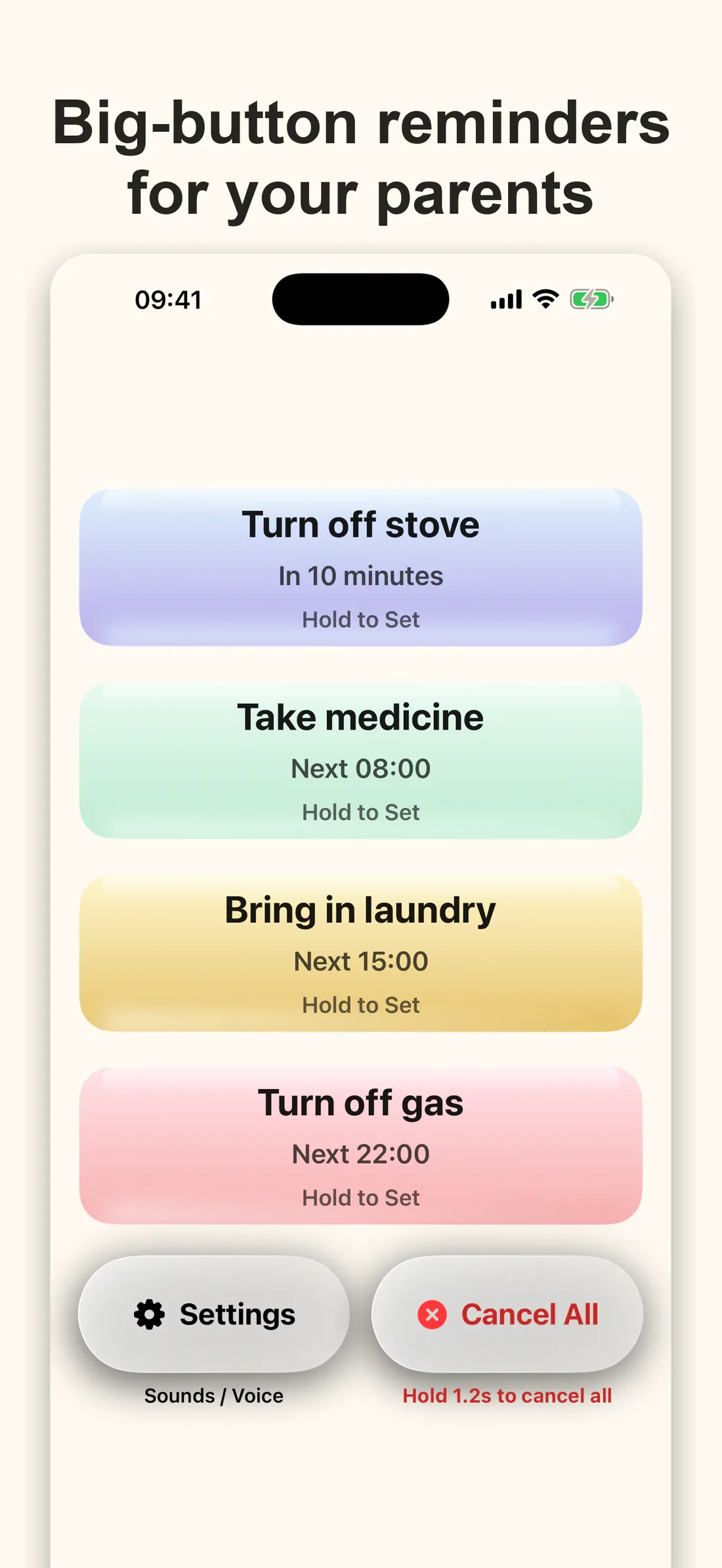 Simple Warm Reminder main screen with four large buttons for stove, medicine, laundry, and gas reminders