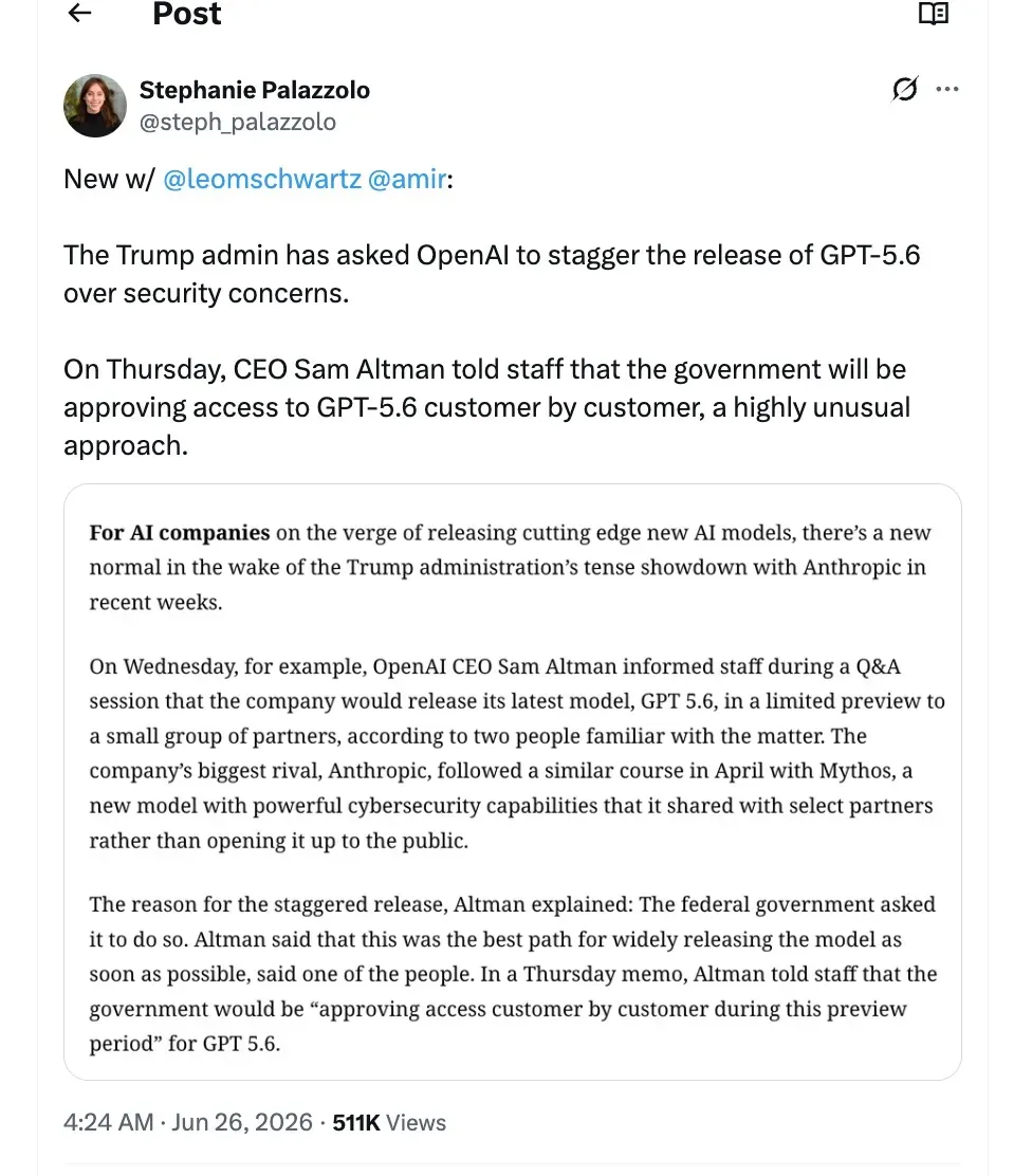 Stephanie Palazzolo reporting on the Trump administration's request to OpenAI regarding GPT-5.6 access.