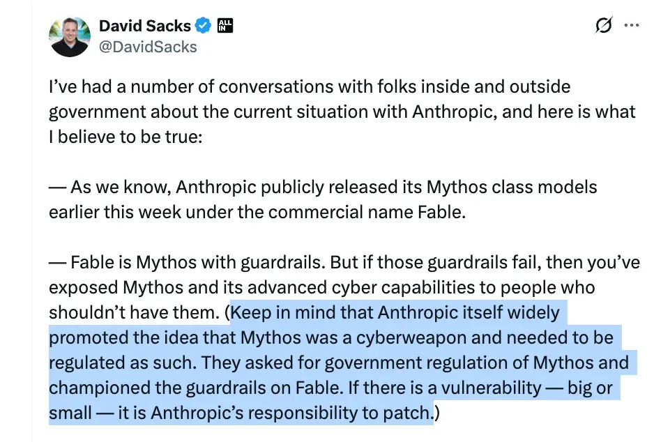 David Sacks describing Fable as Mythos with guardrails and criticizing Anthropic’s response.