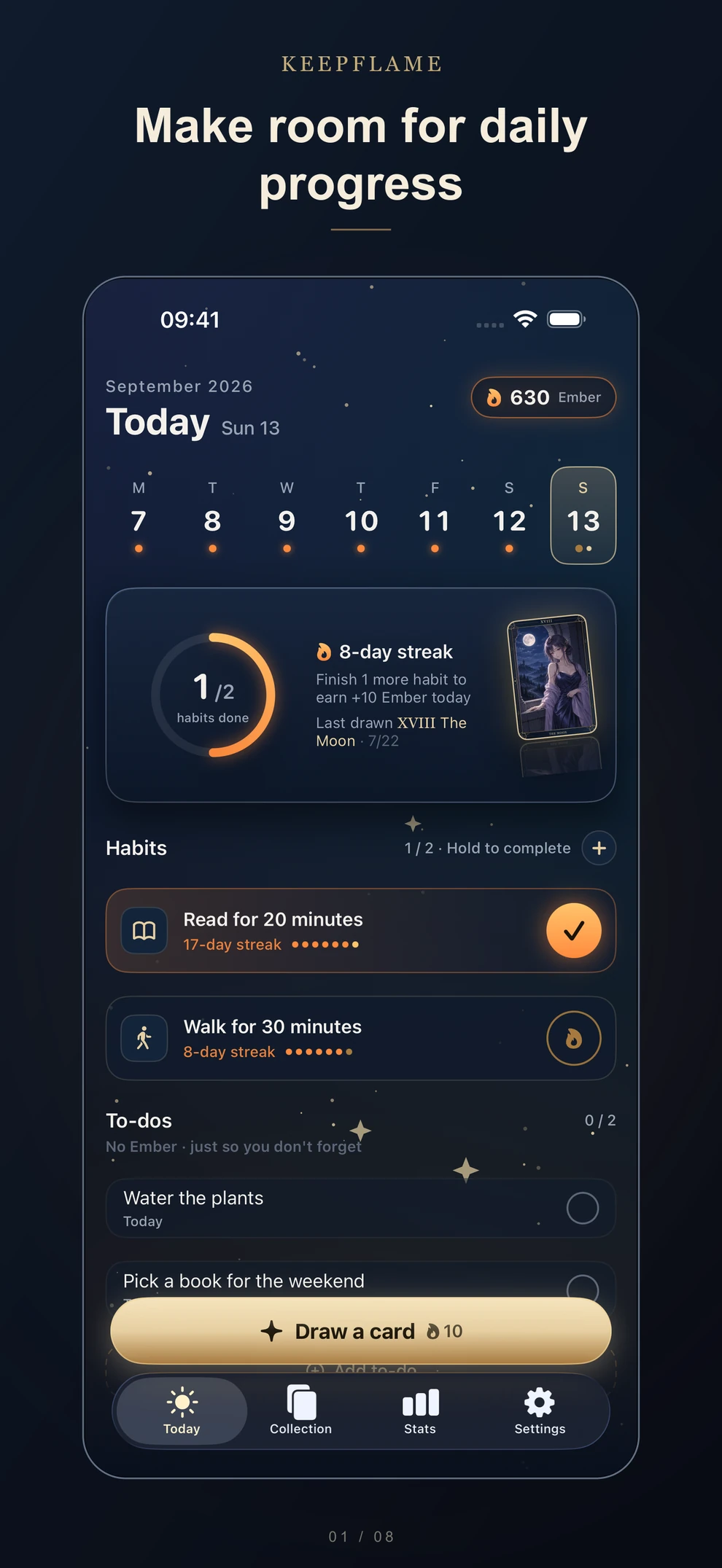 KeepFlame Today screen with daily habits, to-dos, progress, and Ember balance