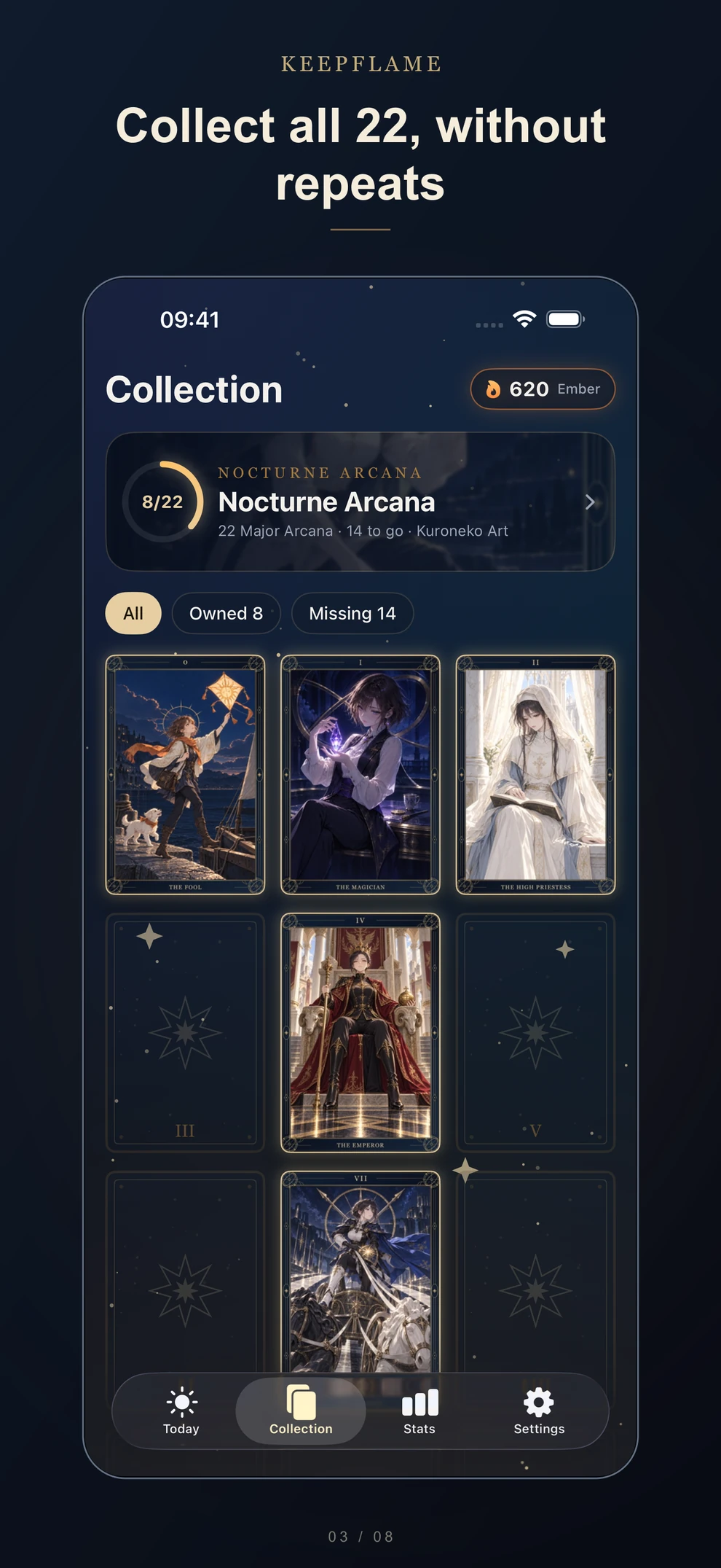 KeepFlame Collection with owned and missing cards in the 22-card Nocturne Arcana series