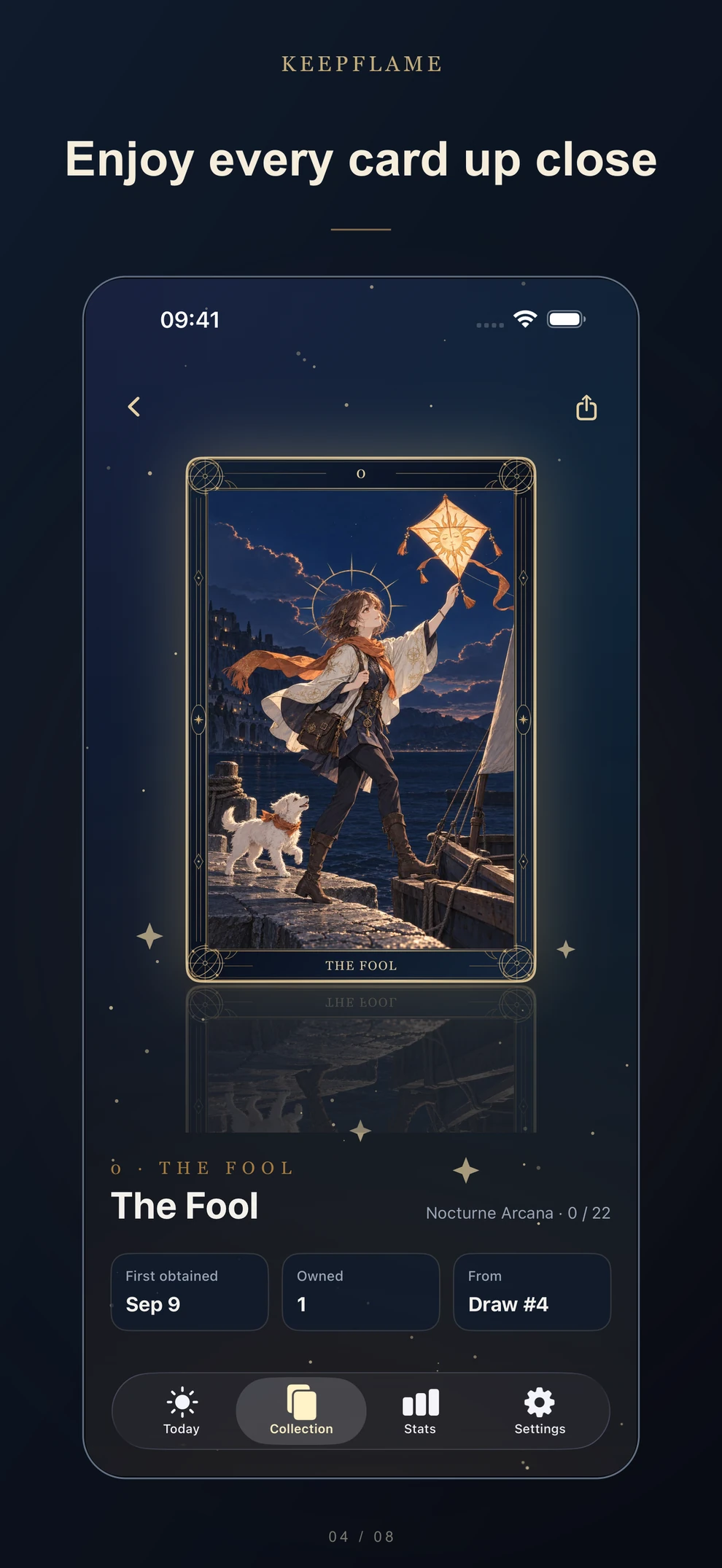 The Fool card detail in KeepFlame with artwork, collection information, and the share control