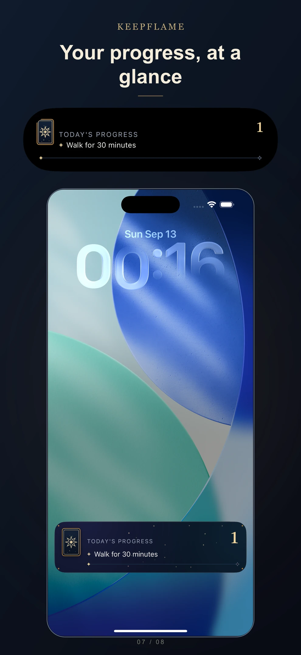 KeepFlame Live Activity showing habit progress on the iPhone Lock Screen and Dynamic Island