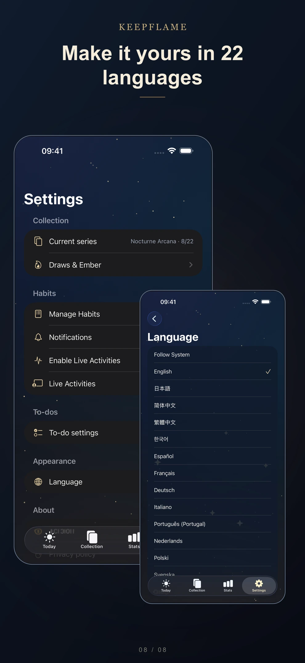 KeepFlame Settings and language selection with 22 language options