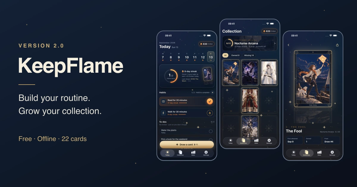 KeepFlame 2.0 on iPhone, showing daily habits, the card collection, and card details