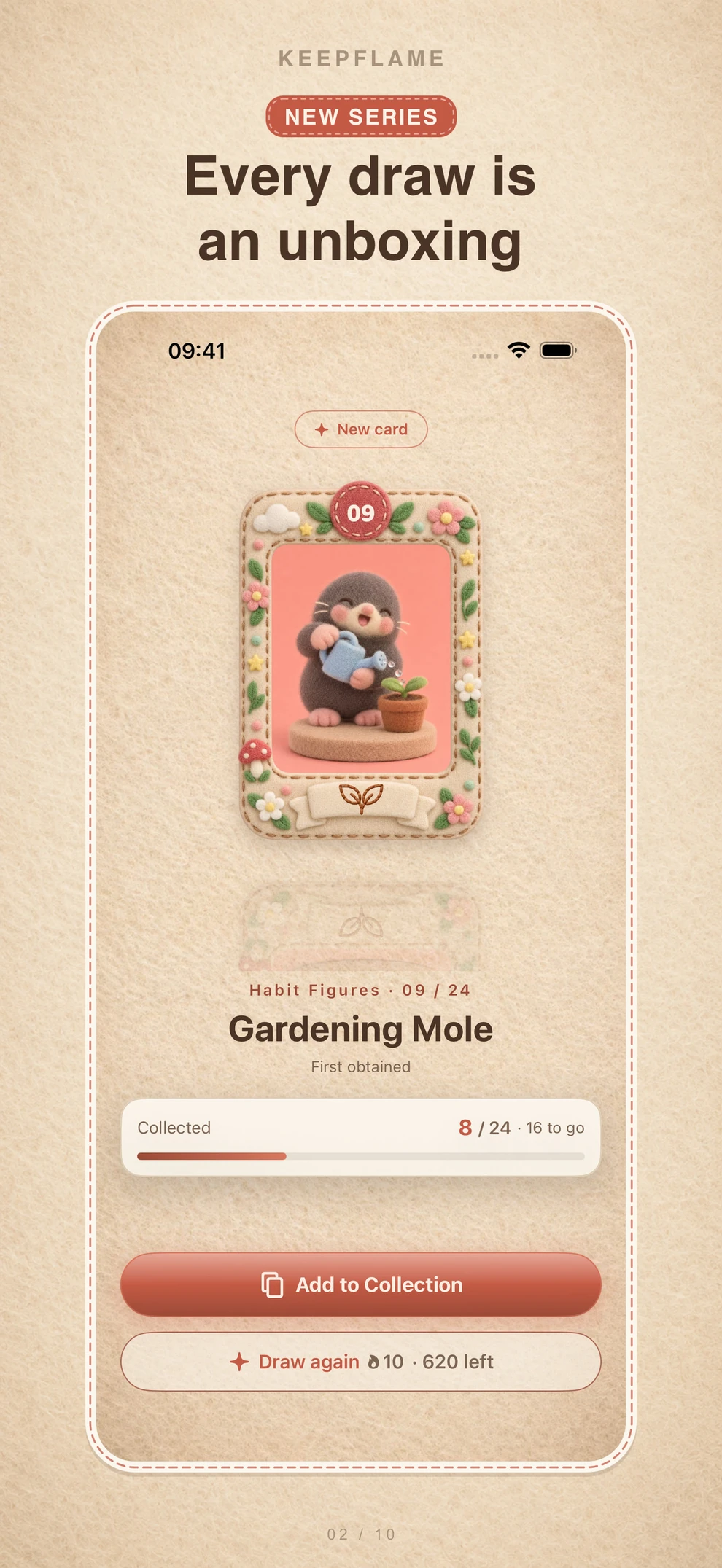 Habit Figures draw result showing the Gardening Mole figure, number 9 of 24, with an Add to Collection button