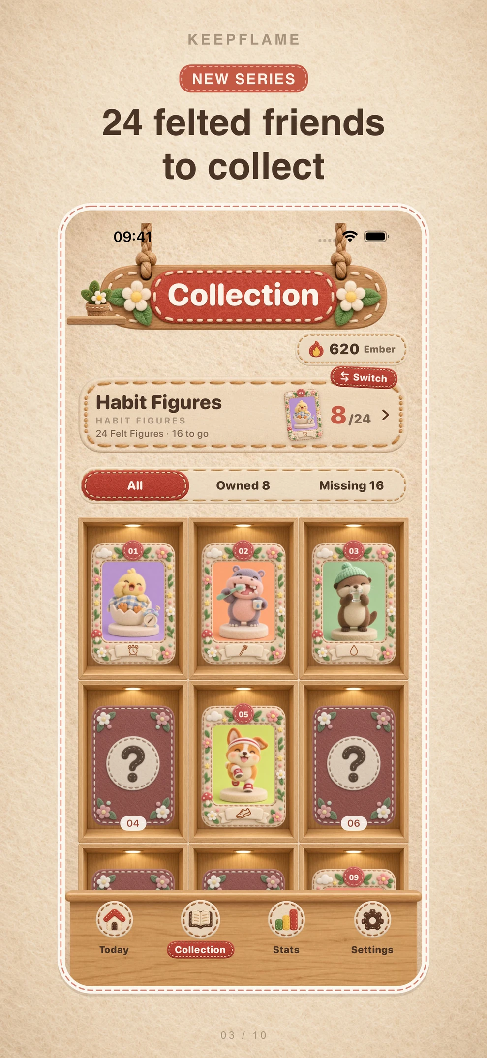 Habit Figures Collection as a wooden display case, with collected figures and question-mark boxes for the ones still missing, 8 of 24