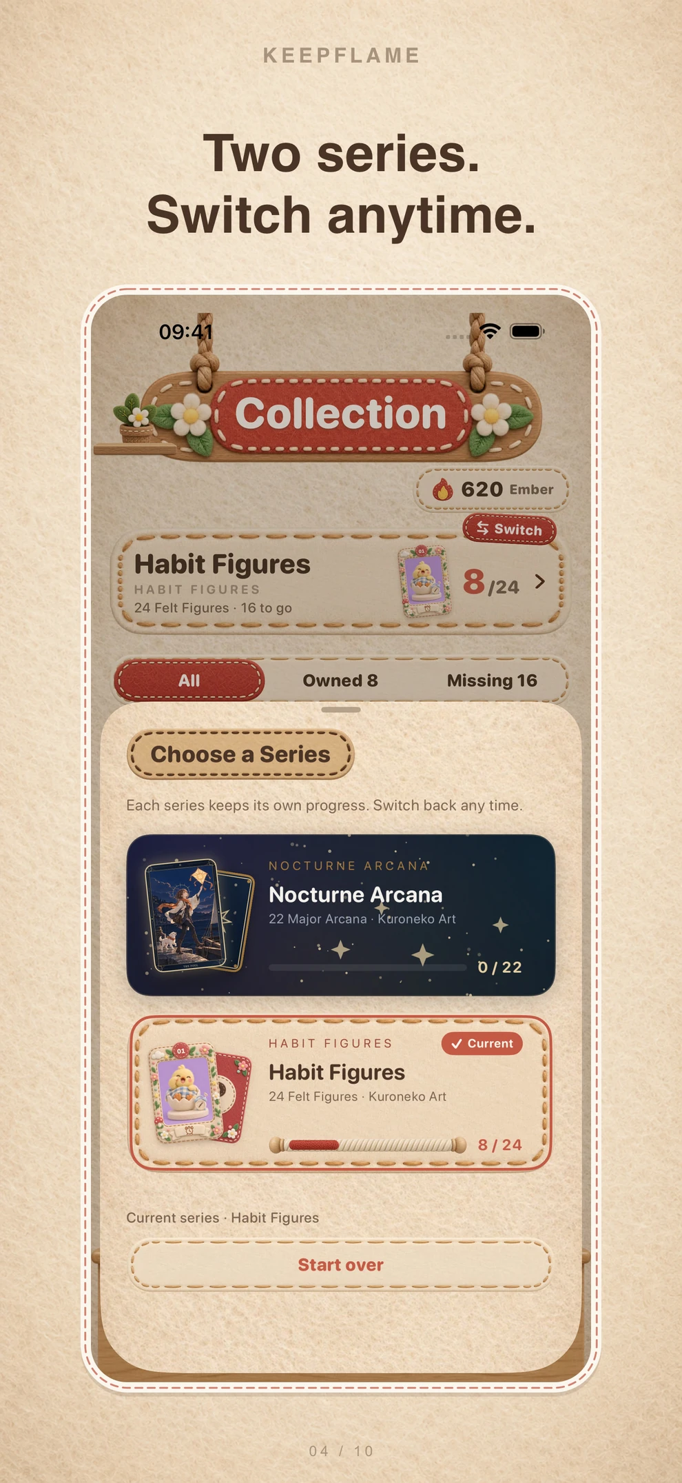 Choose a Series sheet listing Nocturne Arcana and Habit Figures, each with its own progress