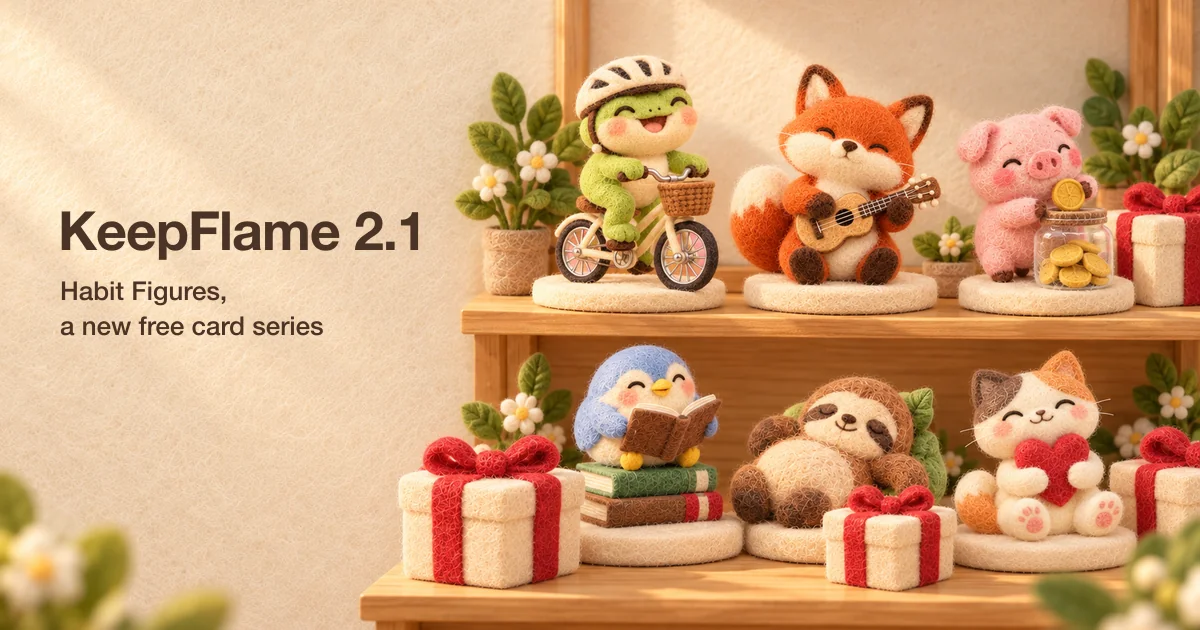 Felted animal figures on a wooden toy-shop shelf next to gift boxes, with the title KeepFlame 2.1, Habit Figures, a new free card series