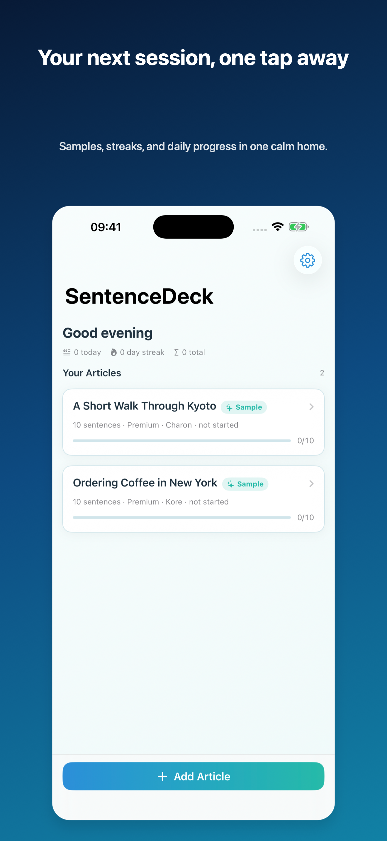 SentenceDeck 1.5 iPhone marketing screenshot reading Your next session, one tap away, with practice totals and sample articles