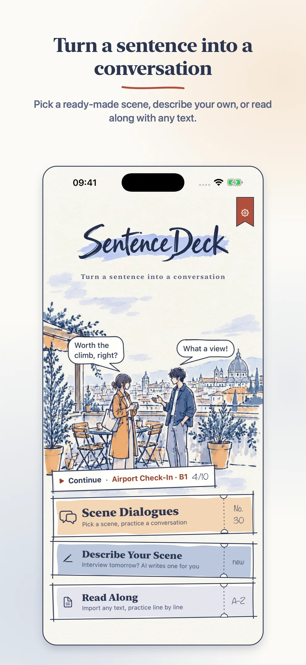 SentenceDeck title screen with three tickets: Scene Dialogues, Describe Your Scene, and Read Along