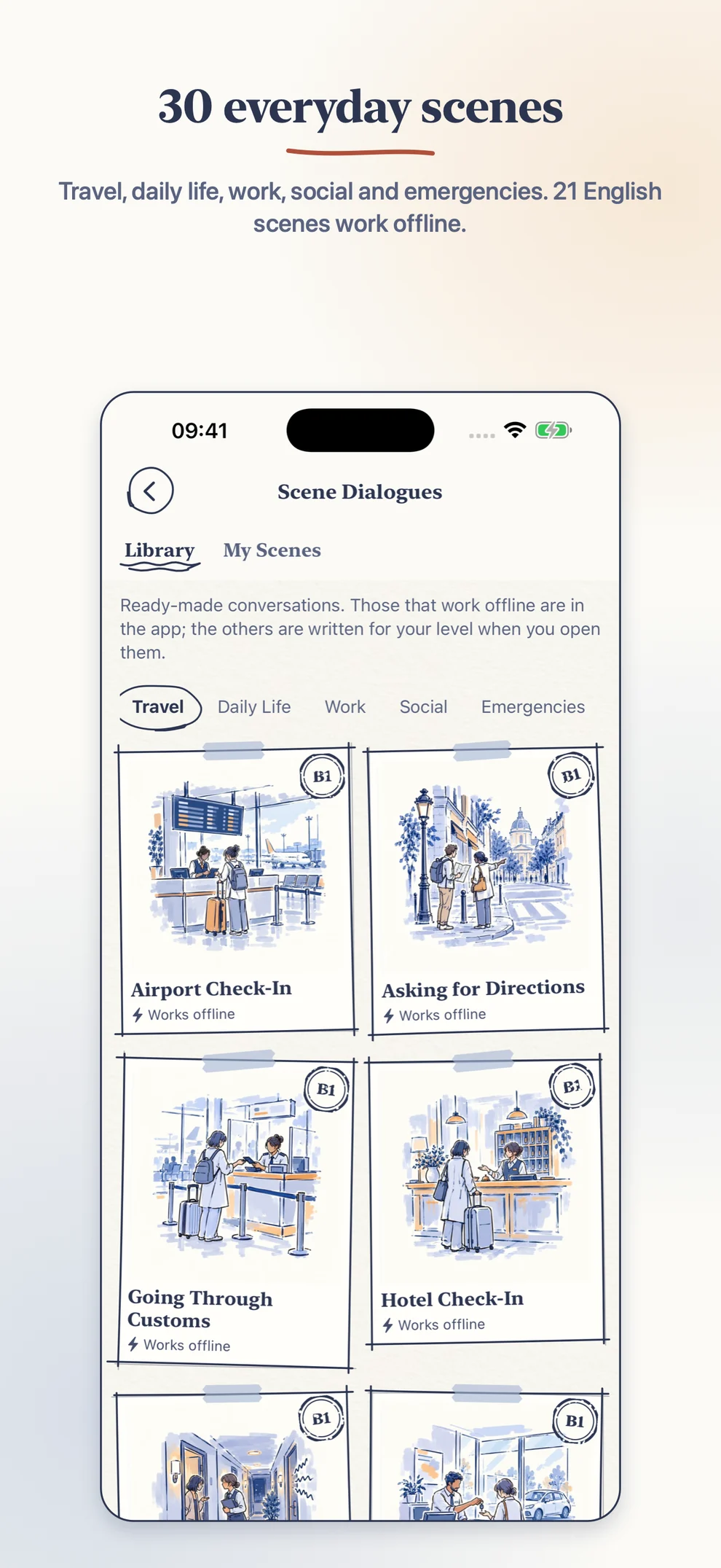 Scene Library on the Travel tab, with Airport Check-In and other scenes marked Works offline