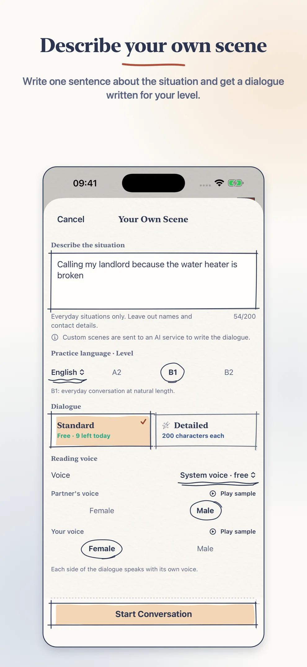 Your Own Scene sheet describing a call to a landlord about a broken water heater, with level B1, Standard or Detailed, and a voice for each side
