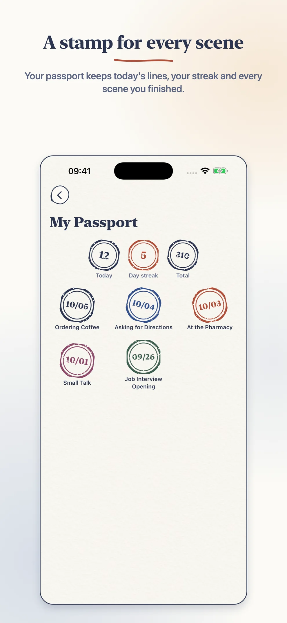 My Passport with 12 lines today, a 5-day streak, 310 lines in total, and date stamps for finished scenes