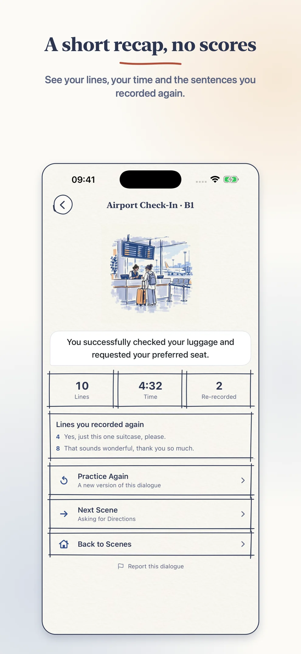 Recap after the Airport Check-In scene: 10 lines, 4:32, 2 re-recorded, the lines recorded again, and Practice Again and Next Scene buttons, with no score