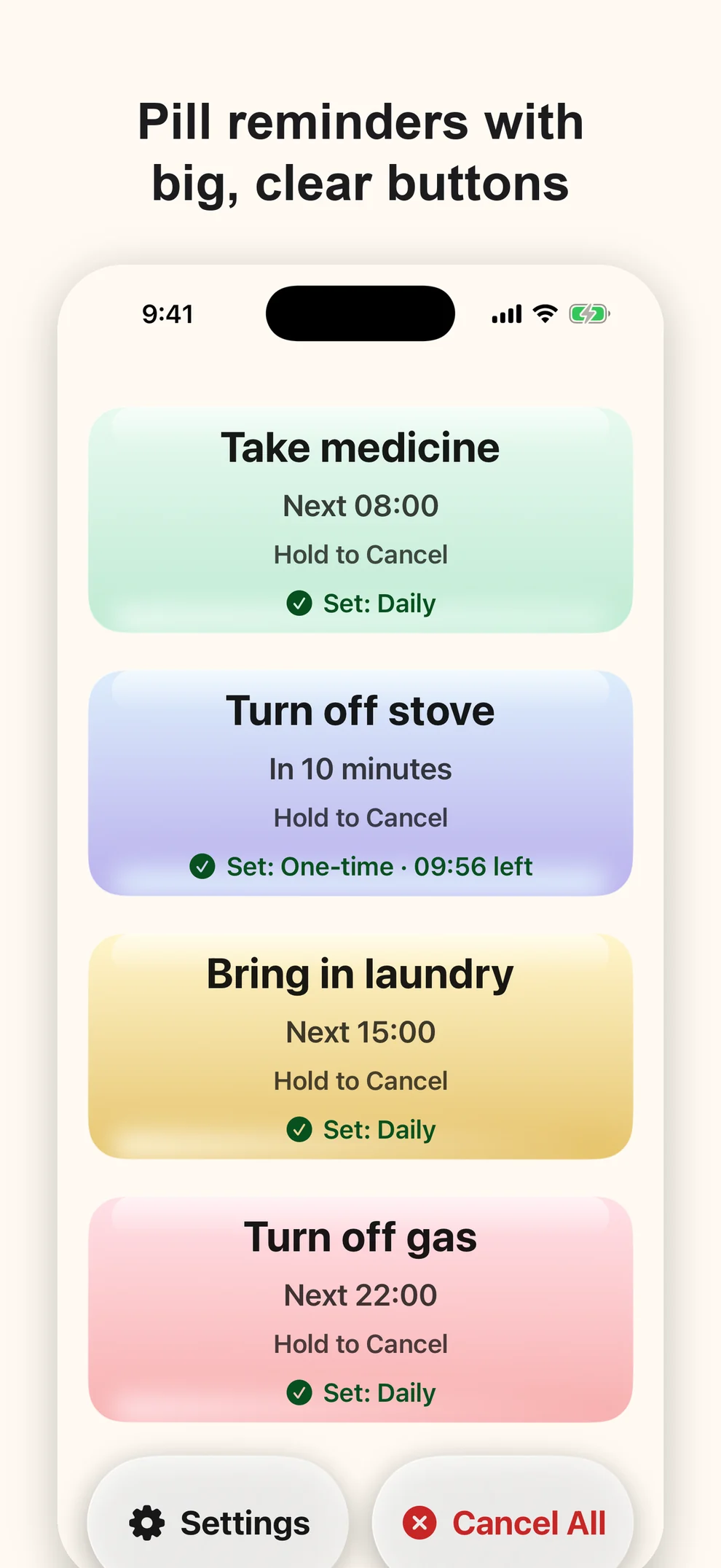Simple Warm Reminder main screen with four large buttons: Take medicine, Turn off stove, Bring in laundry, and Turn off gas
