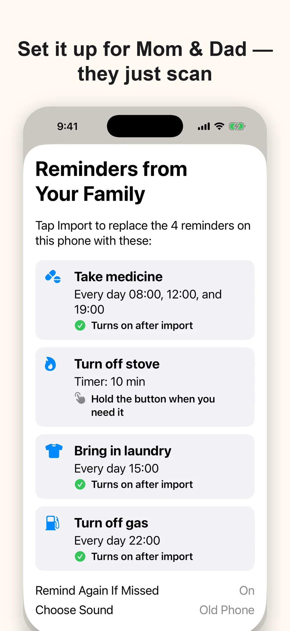 Reminders from Your Family confirmation sheet listing four reminders to import after scanning a QR code