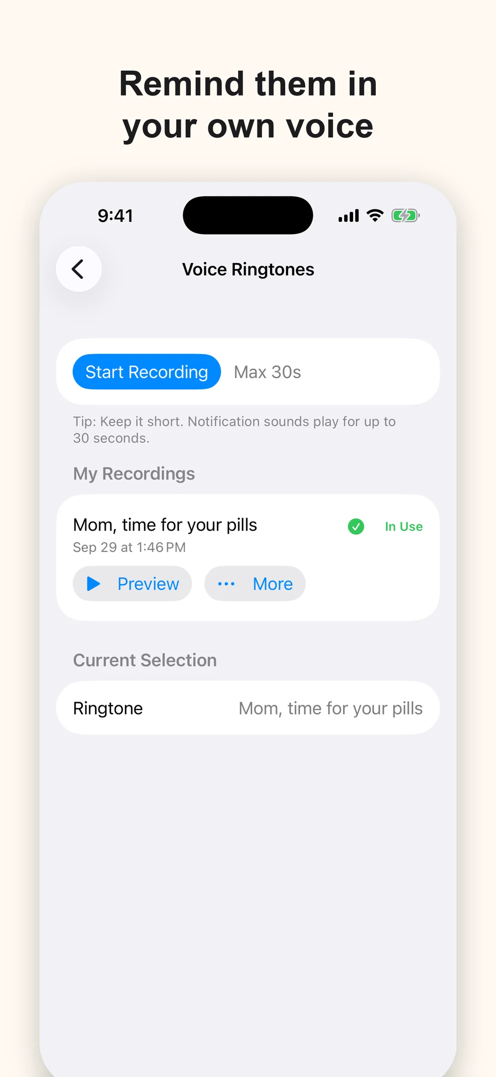 Voice Ringtones screen with a recording named Mom, time for your pills set as the reminder sound