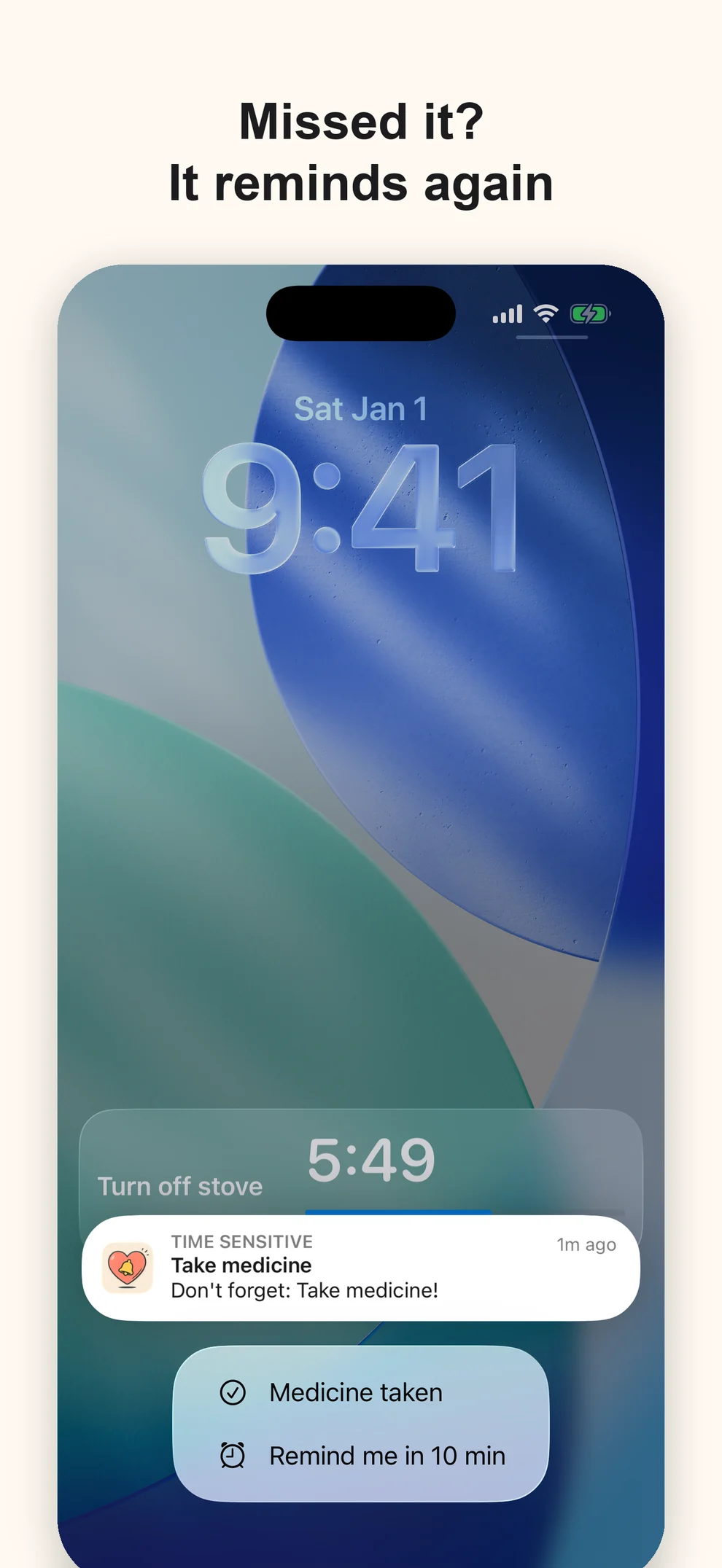 Lock Screen reminder notification with two actions: Medicine taken and Remind me in 10 min