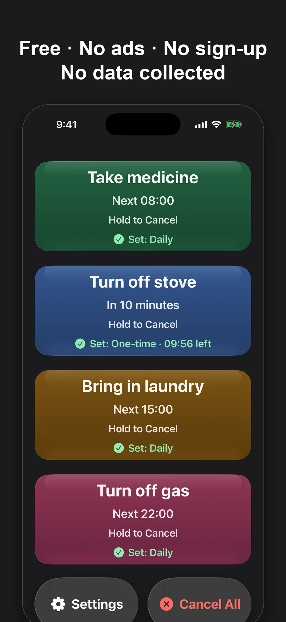 Simple Warm Reminder main screen in dark mode with four large high-contrast reminder buttons