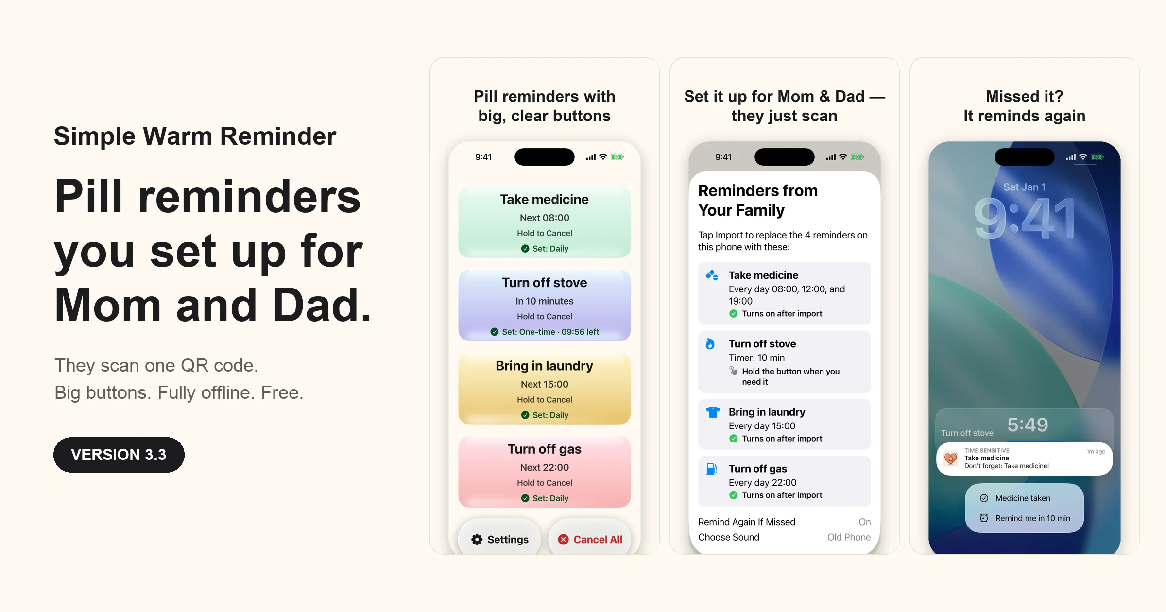 Simple Warm Reminder 3.3: the main screen with large reminder buttons, the family import sheet, and a Lock Screen notification with quick actions