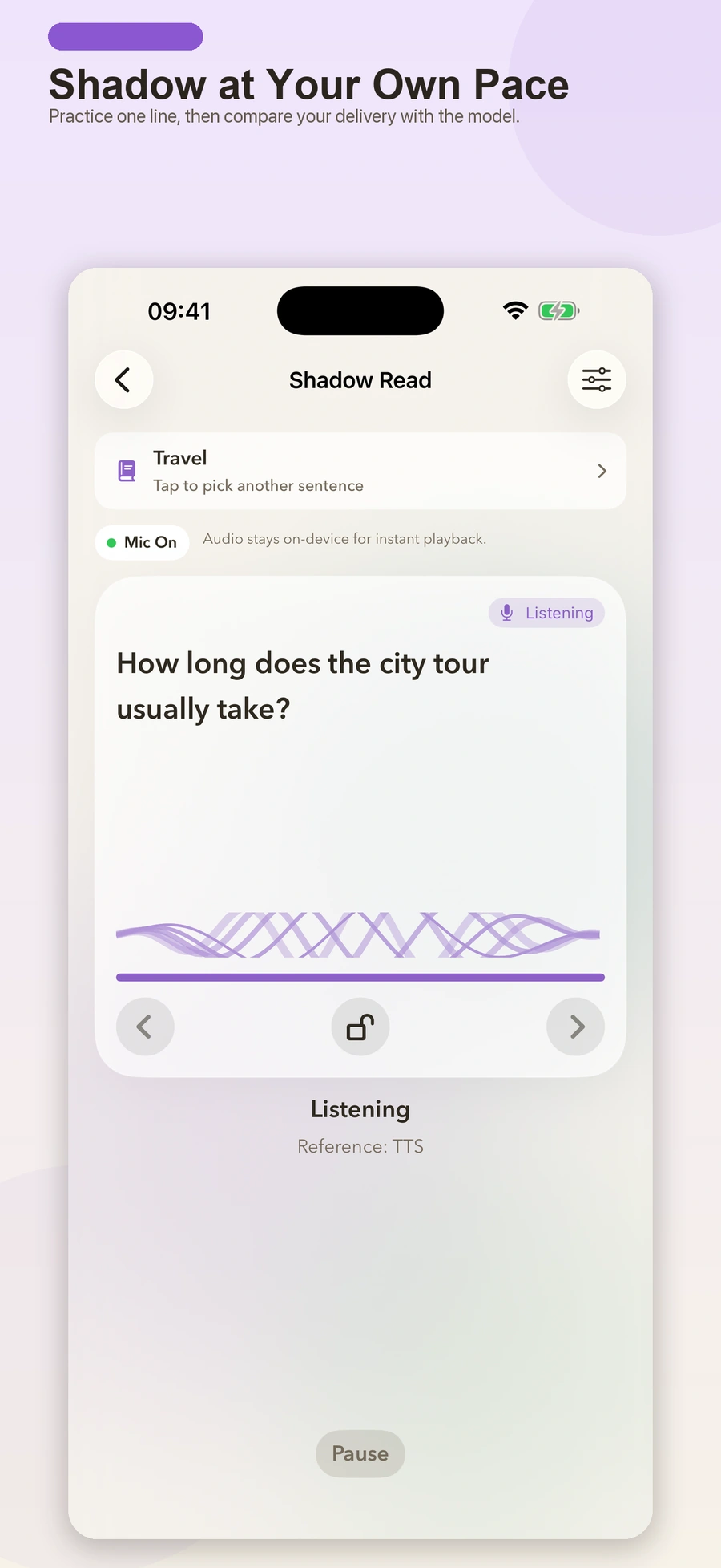 TalkMirror Shadow Read practice screen with the current material, phrase card, and playback controls
