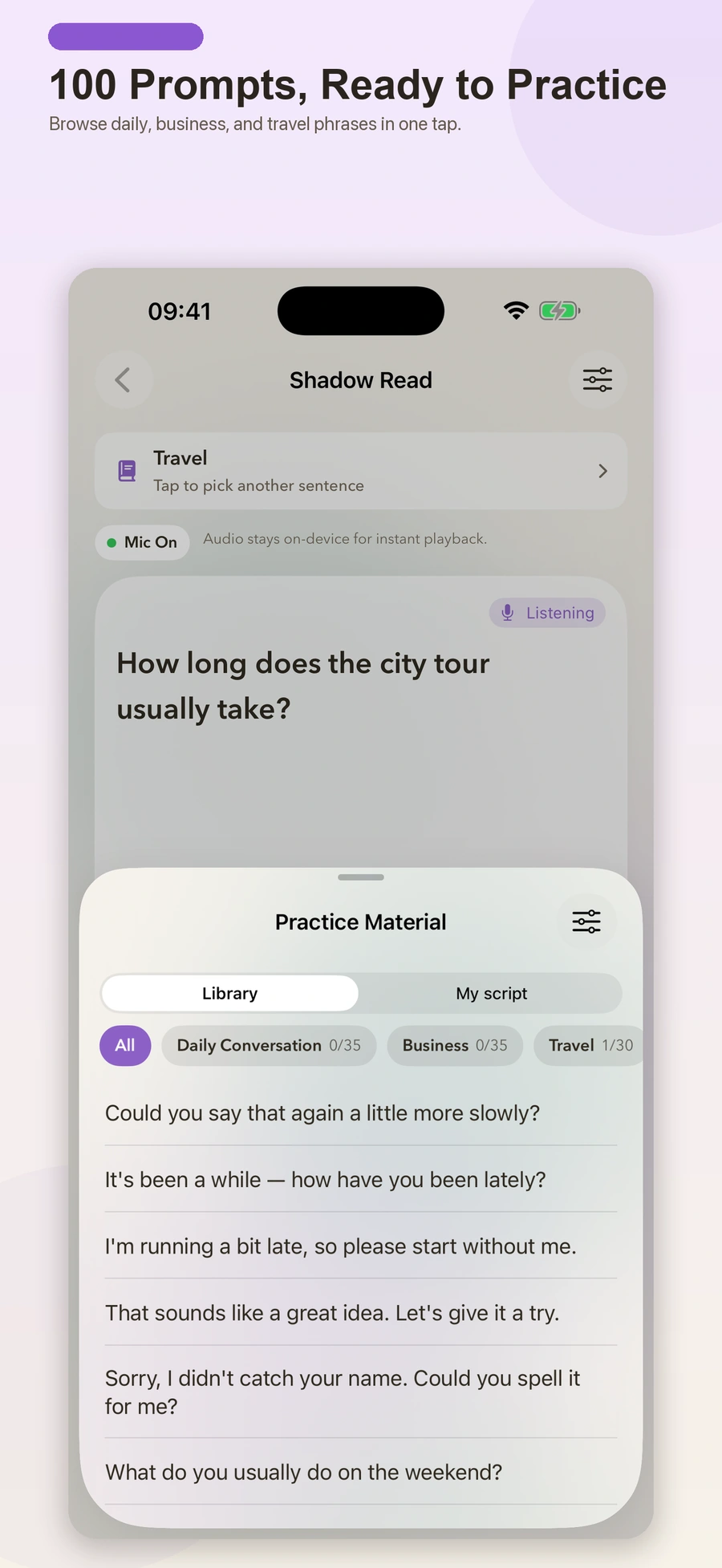TalkMirror Practice Material drawer with the built-in sentence library and My Script sources